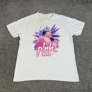 P!nk Shirt Mens XL White 2024 Tour Concert Graphic Crew Neck Cotton Tagless